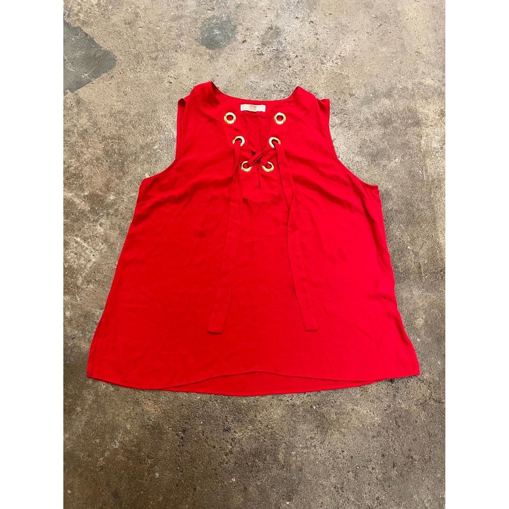 Michael Kors Top‎ Women XL Red Side Slit Lace Up Gold Grommet Sleeveless Classic